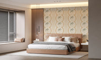 Palm tree outlines are visible throughout the geometric Deco Stripes wallpaper layout.