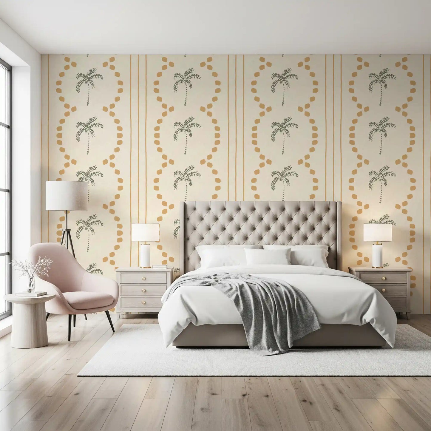 Observing the wavy dotted lines on this lovely sand and palm striped wallpaper.
