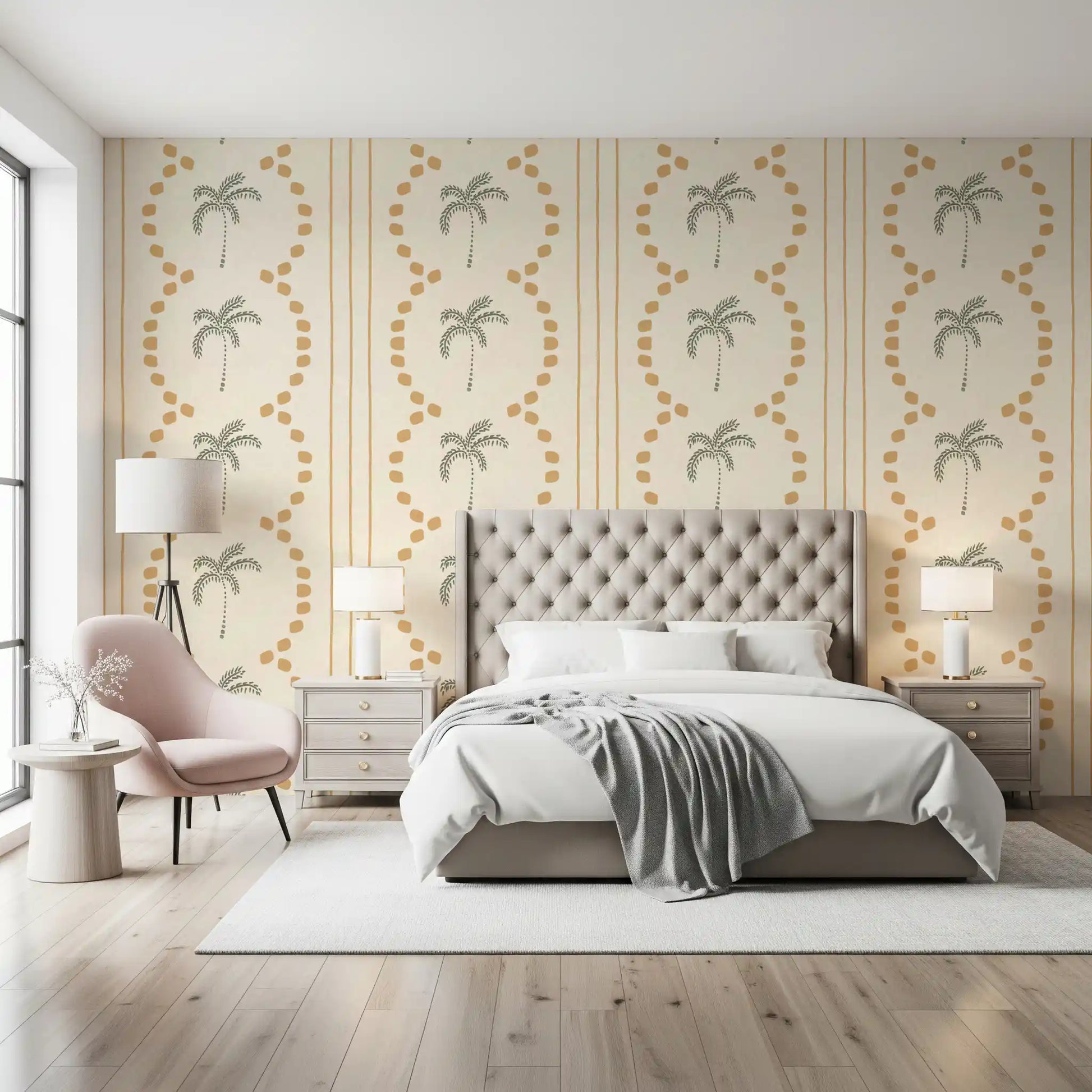 Observing the wavy dotted lines on this lovely sand and palm striped wallpaper.