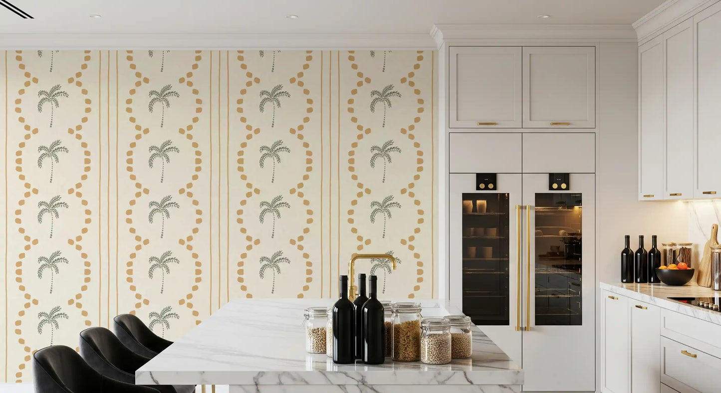 The vertical striped wallpaper reveals beautifully illustrated tropical greenery.