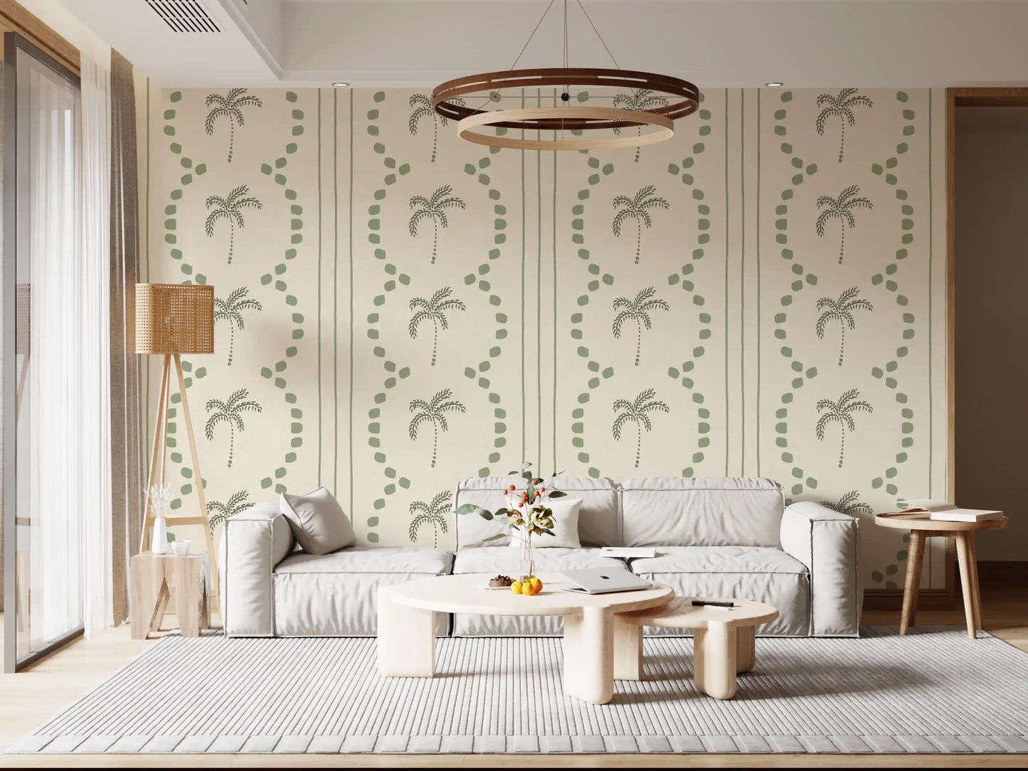 Living room area matched with Tropical Palm Deco Costal Green Wallpaper