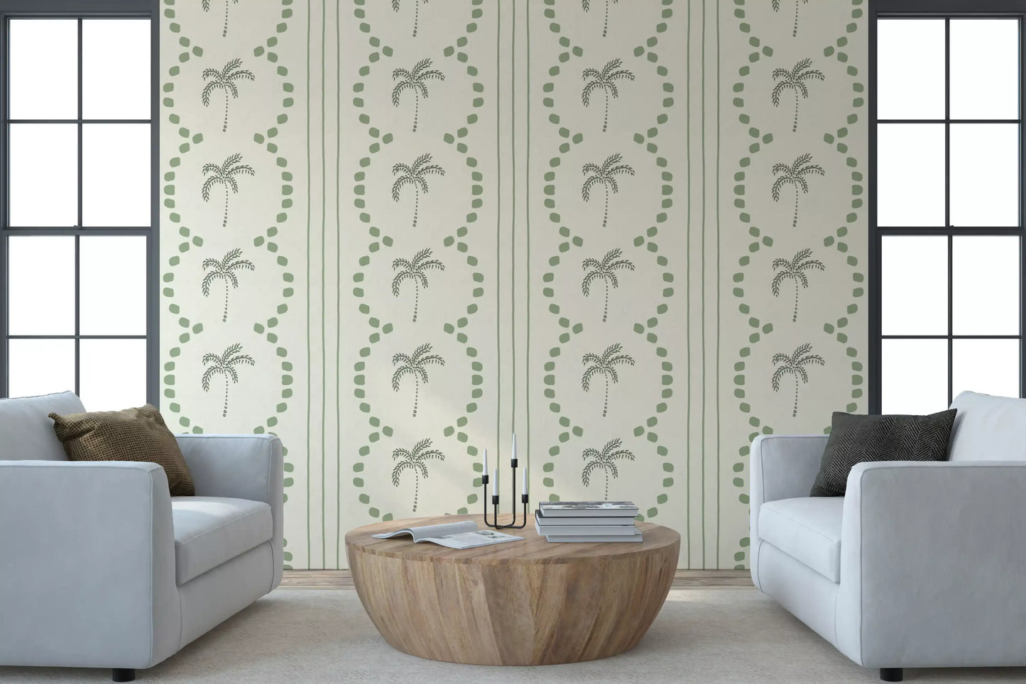 Family room space enhanced by this relaxing green wallpaper surface