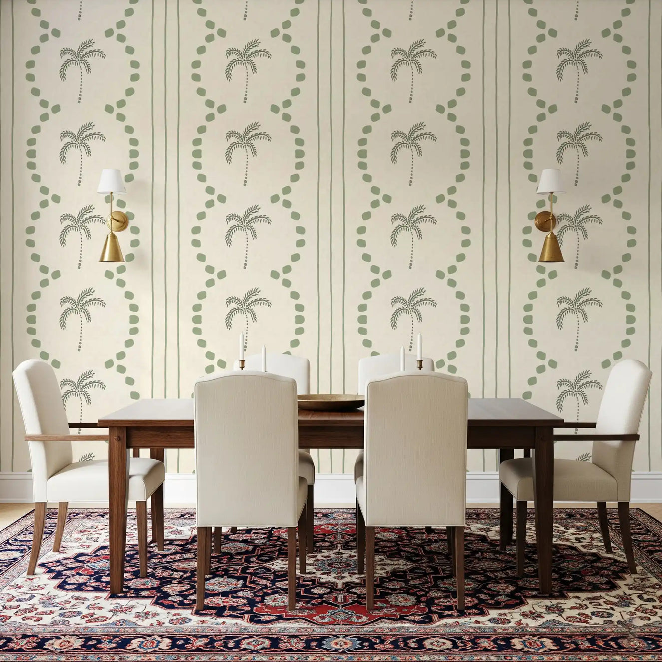 Dining room styled nicely with Tropical Palm Deco Stripes Green Wallpaper