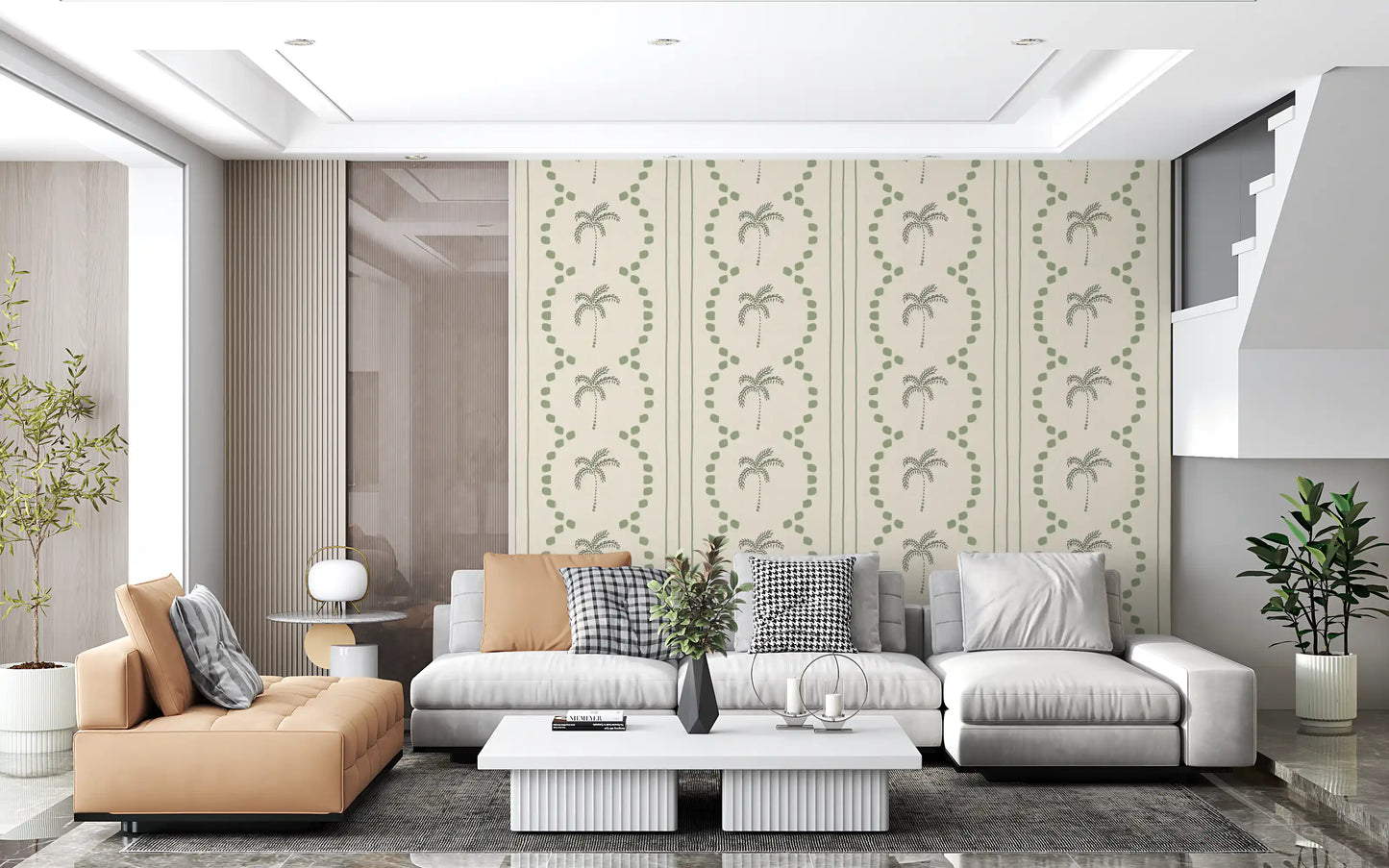 Living area nicely balanced with a beautiful stripes wallpaper