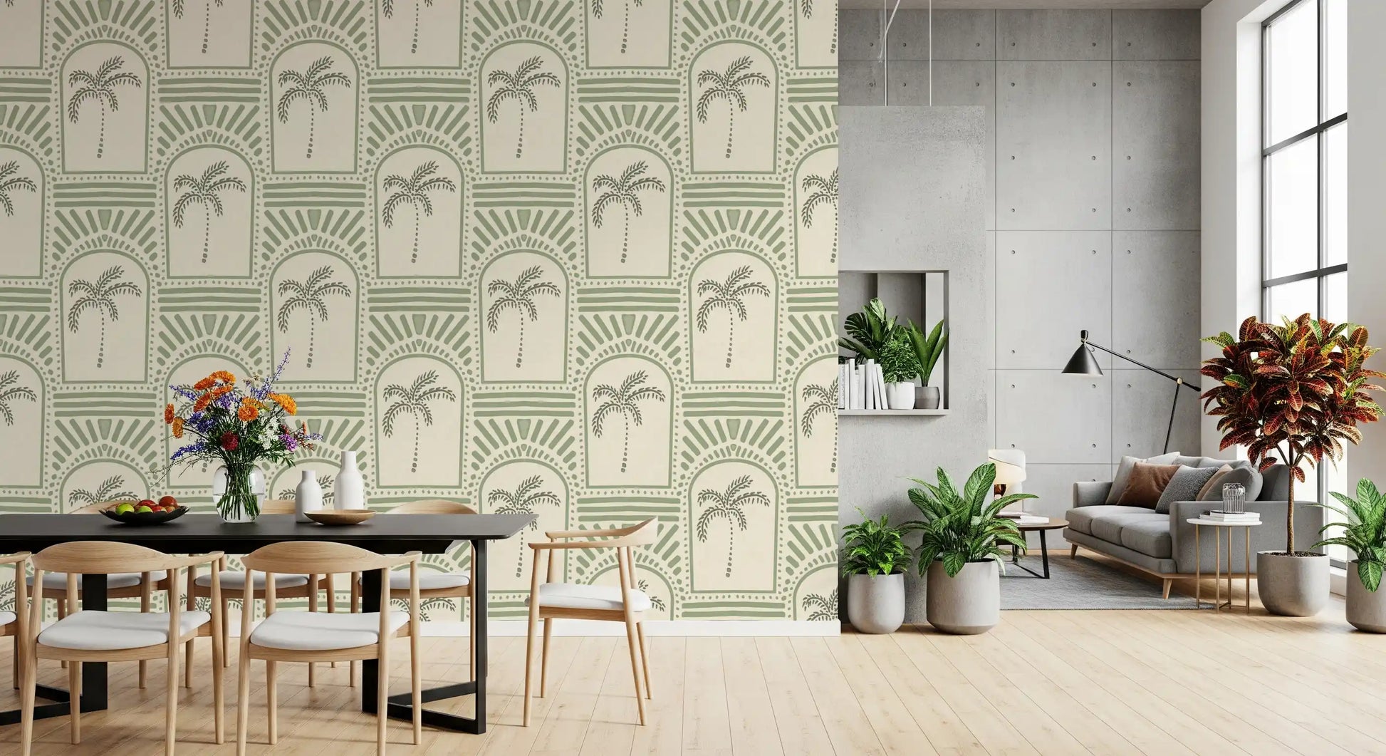 Green geometric arches and trees on a retro botanical wallpaper.
