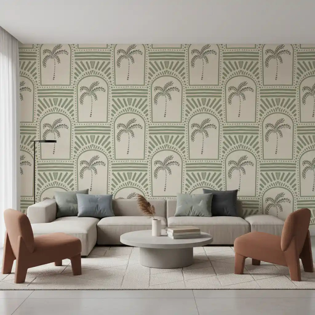 View of the Tropical Palm Art Deco Archways Costal Green Wallpaper pattern.