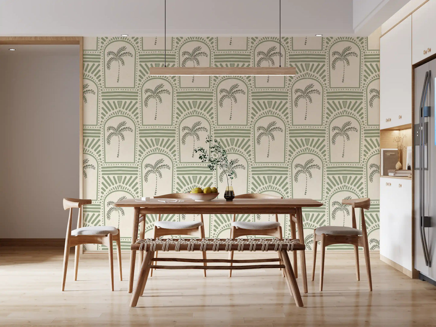 Cozy Dining room interior displaying a geometric green Costal wallpaper motif.