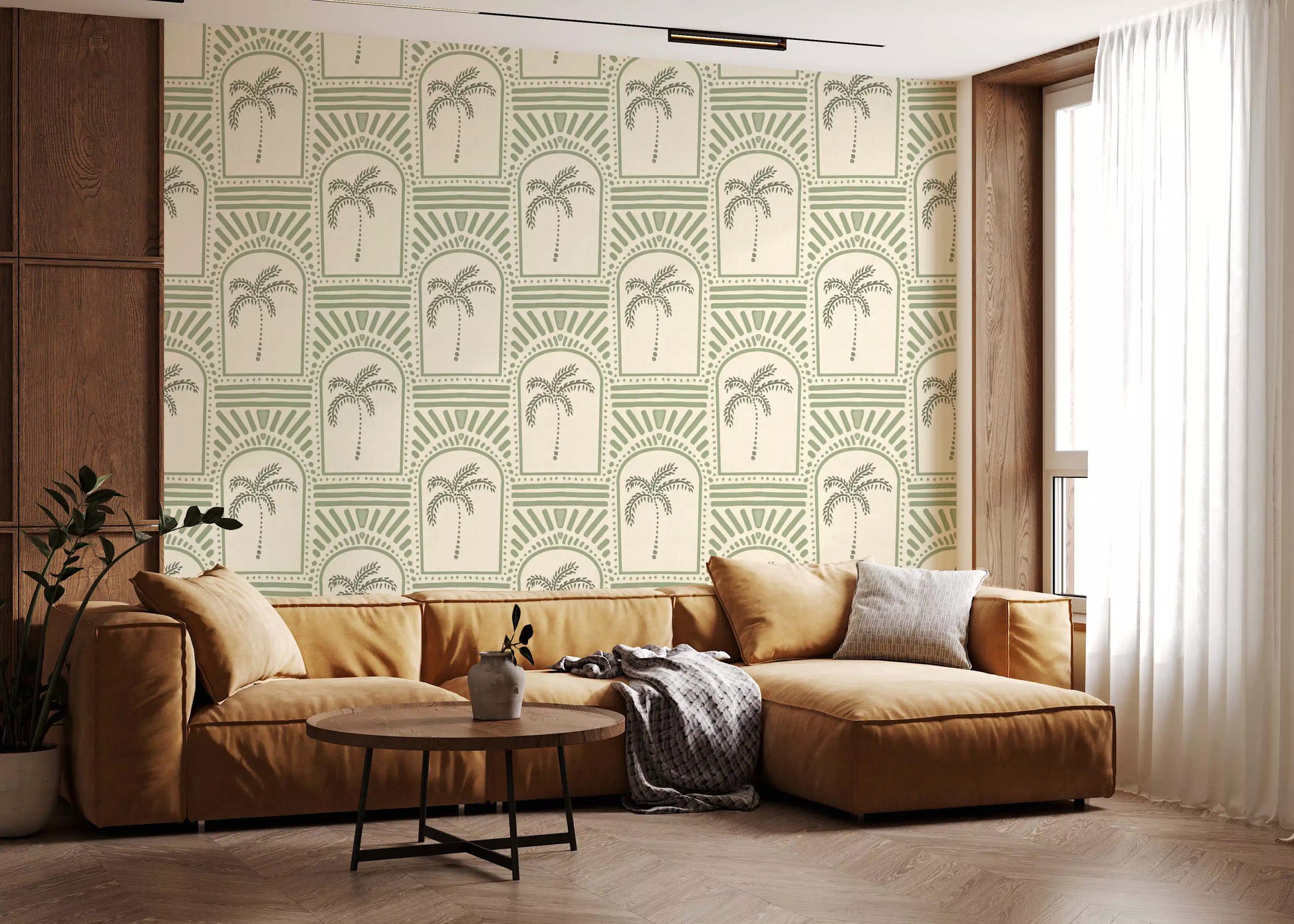 Lounge area with Tropical Palm Art Deco Archways Costal Green Wallpaper.