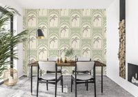 Botanical layout in the Tropical Palm Art Deco Archways Costal Green Wallpaper.