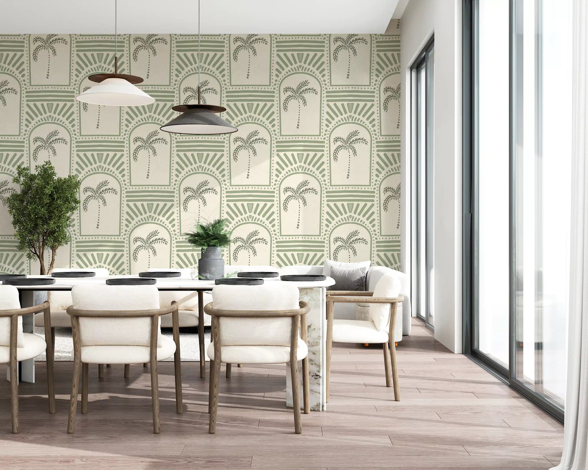 Minimalist Dining room accented by a retro palm tree wallpaper background.