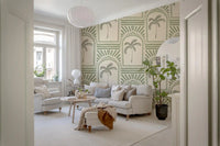 Geometric elements within the Tropical Palm Art Deco Archways Costal Green Wallpaper.