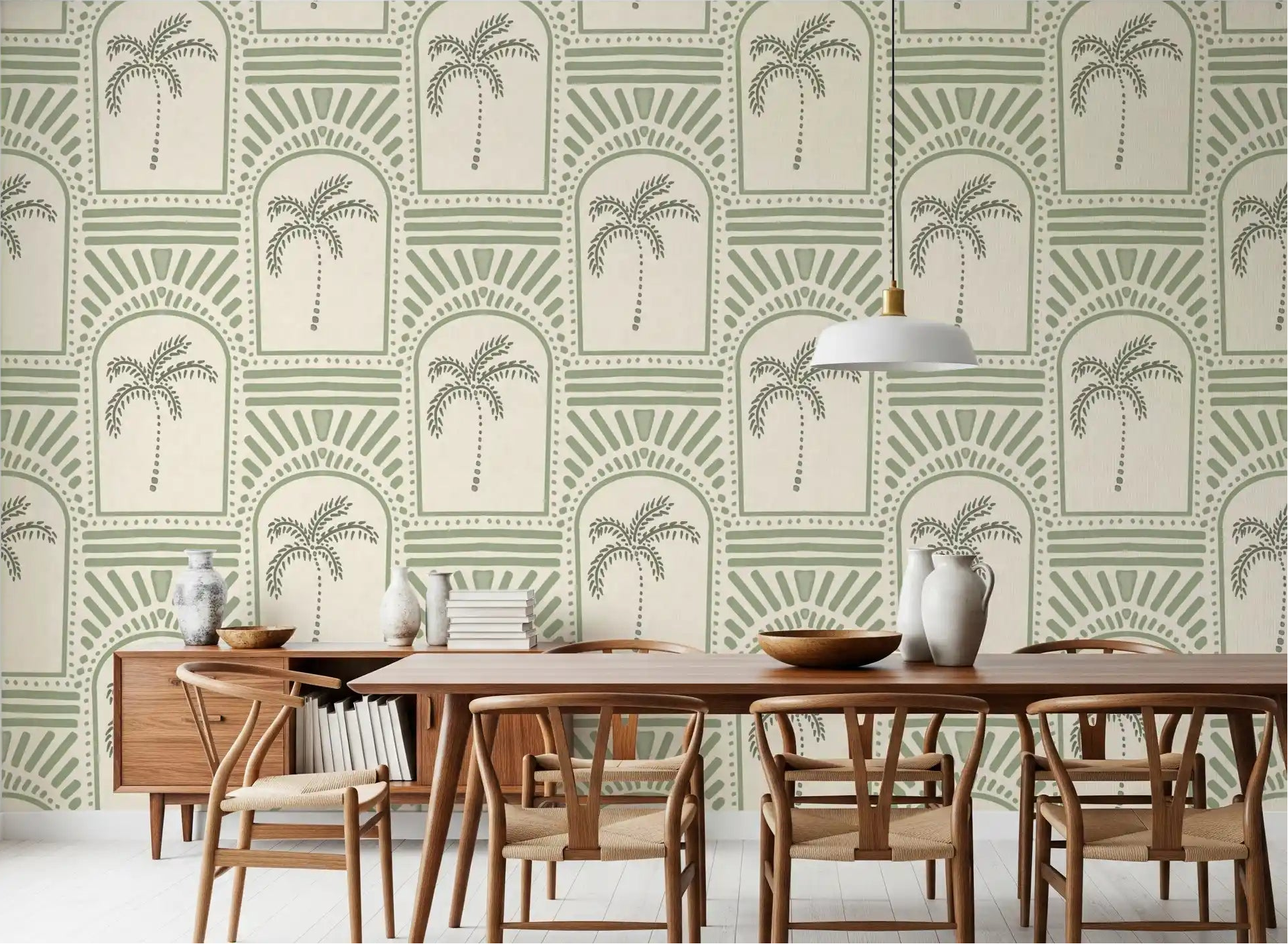 dining room decorated with the Tropical Palm Art Deco Archways Costal Green Wallpaper.