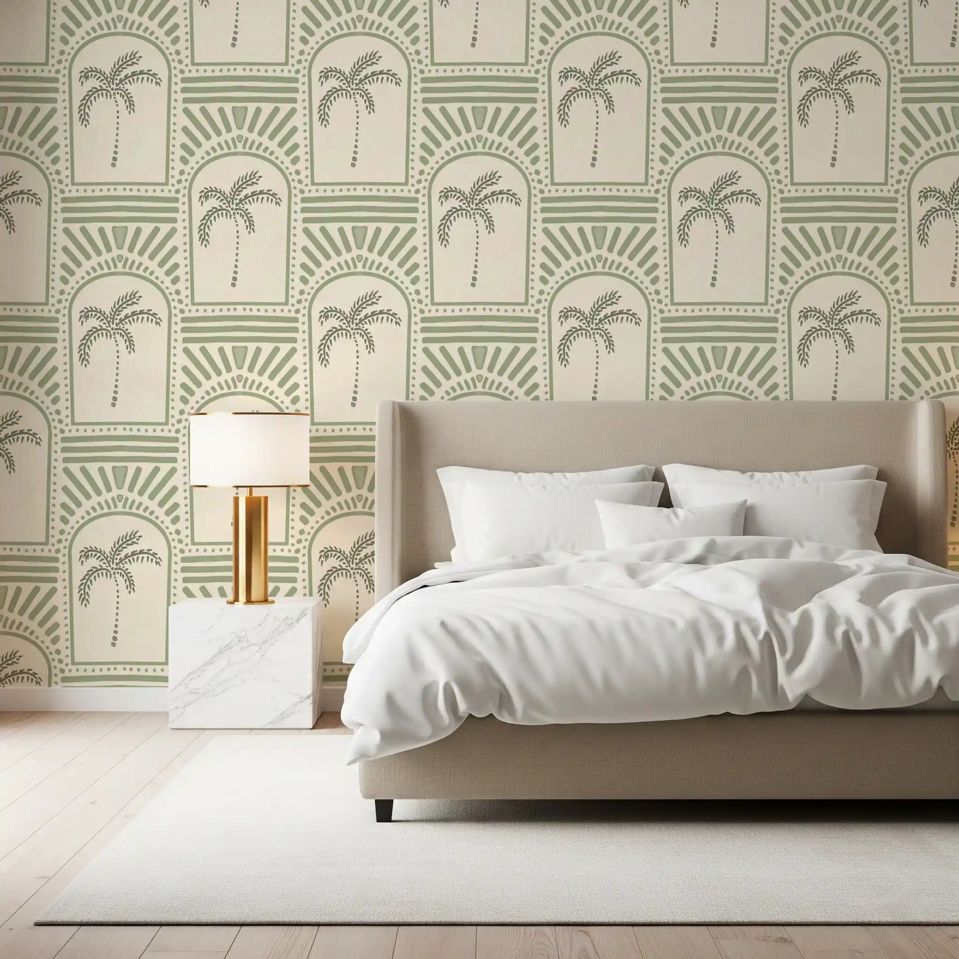 Bedroom area enhanced by a green botanical Archways wallpaper pattern.