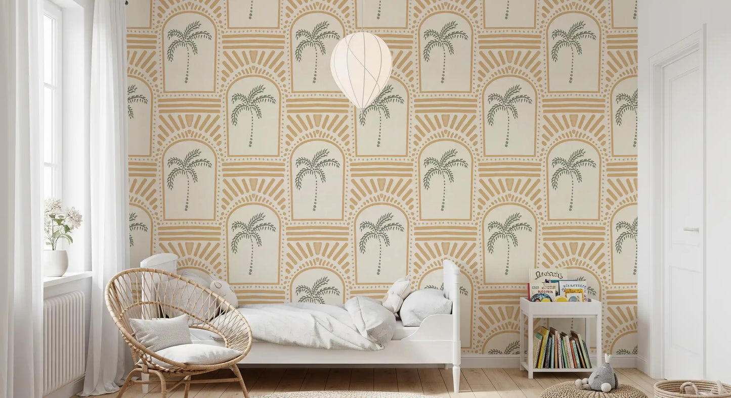 Kids bedroom decorated with the tropical palm art deco archways sand wallpaper.