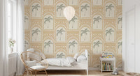 Kids bedroom decorated with the tropical palm art deco archways sand wallpaper.