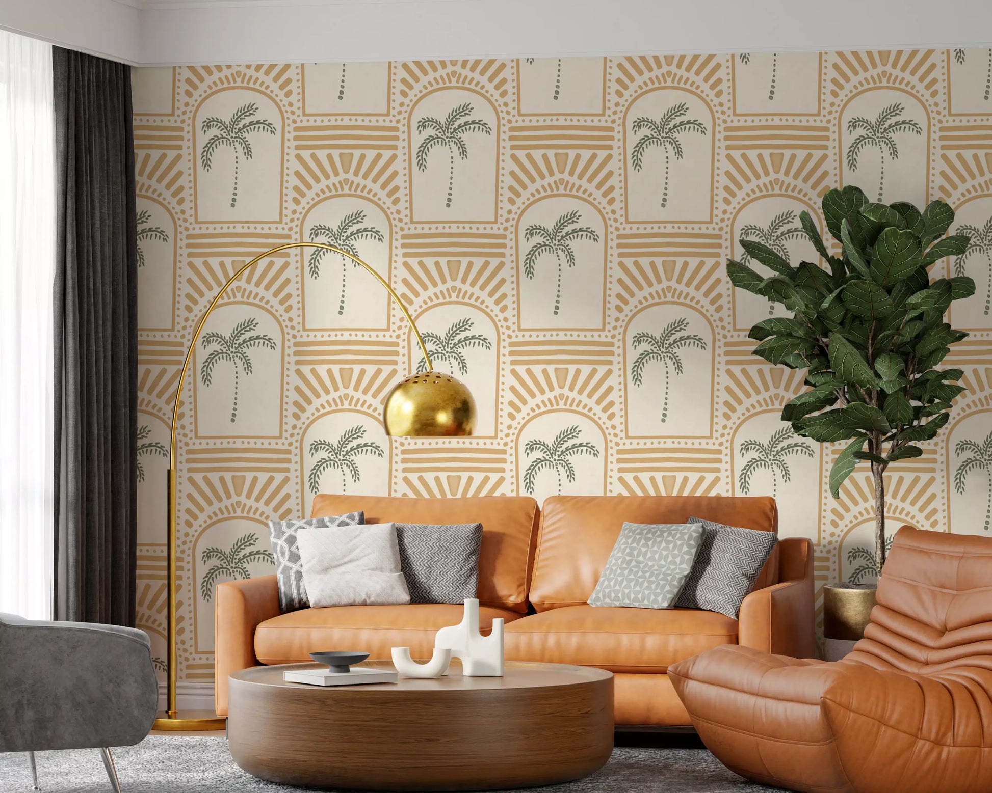 Modern living room highlighting the tropical palm art deco sand wallpaper.