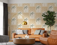 Modern living room highlighting the tropical palm art deco sand wallpaper.