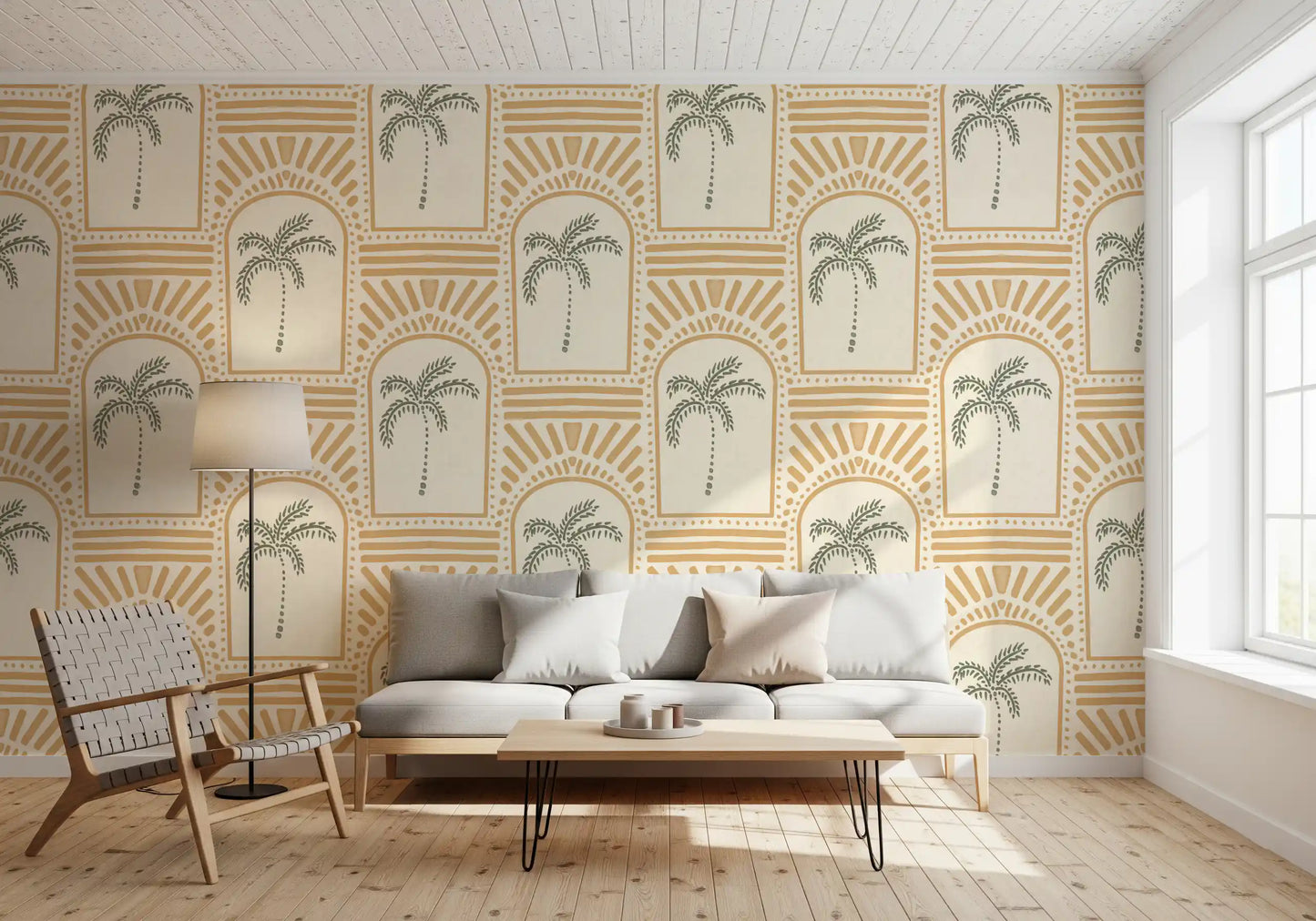 living room incorporating a beautiful retro palm wallpaper.