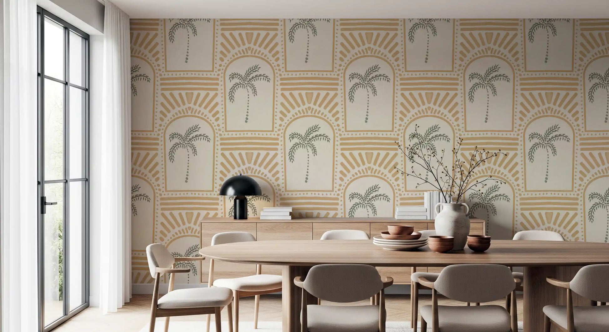 lines define the tropical palm art deco sand wallpaper.