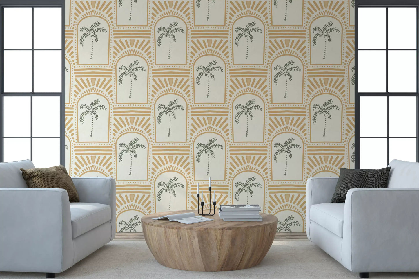 Beautiful green leaves rest inside this geometric archways wallpaper.