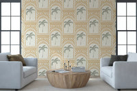 Beautiful green leaves rest inside this geometric archways wallpaper.