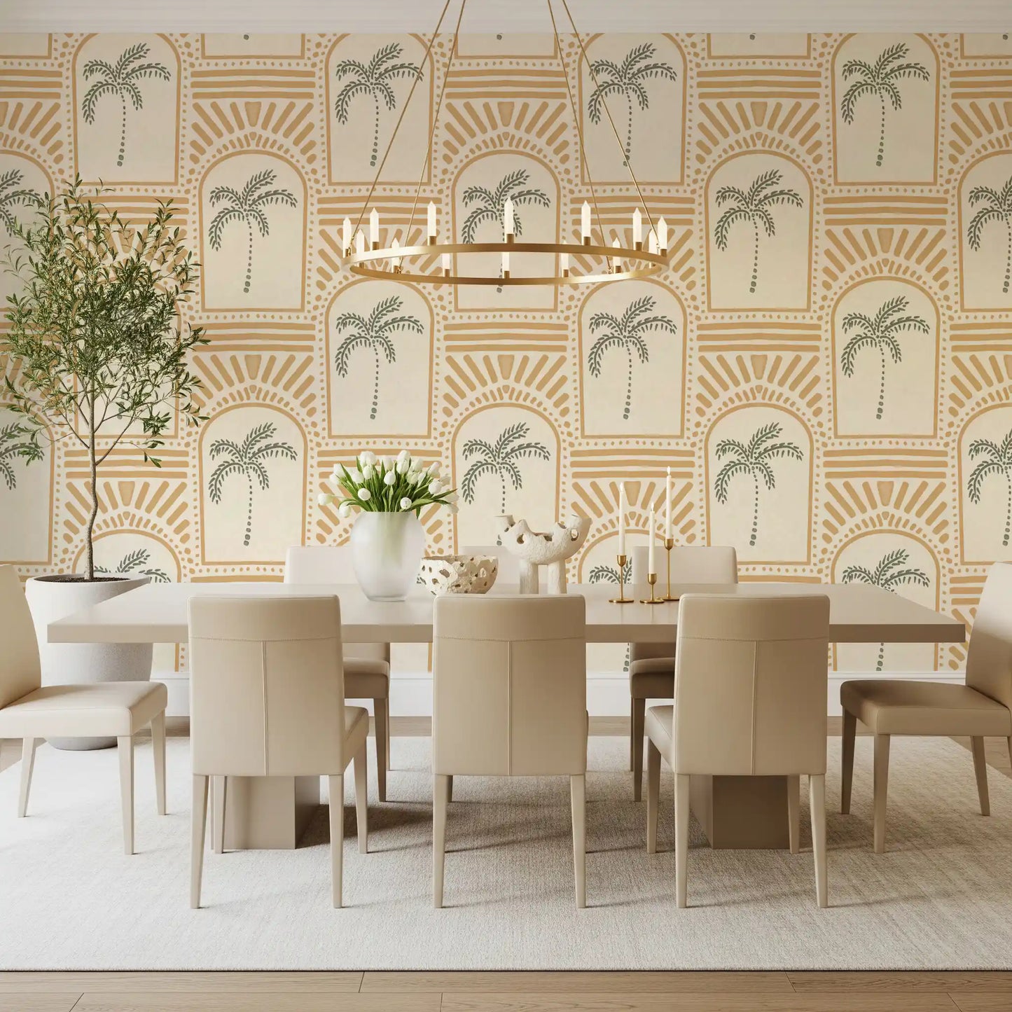 The tropical palm art deco archways sand wallpaper reveals a retro pattern.
