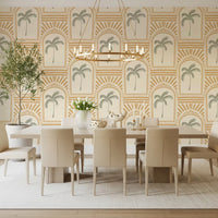 The tropical palm art deco archways sand wallpaper reveals a retro pattern.