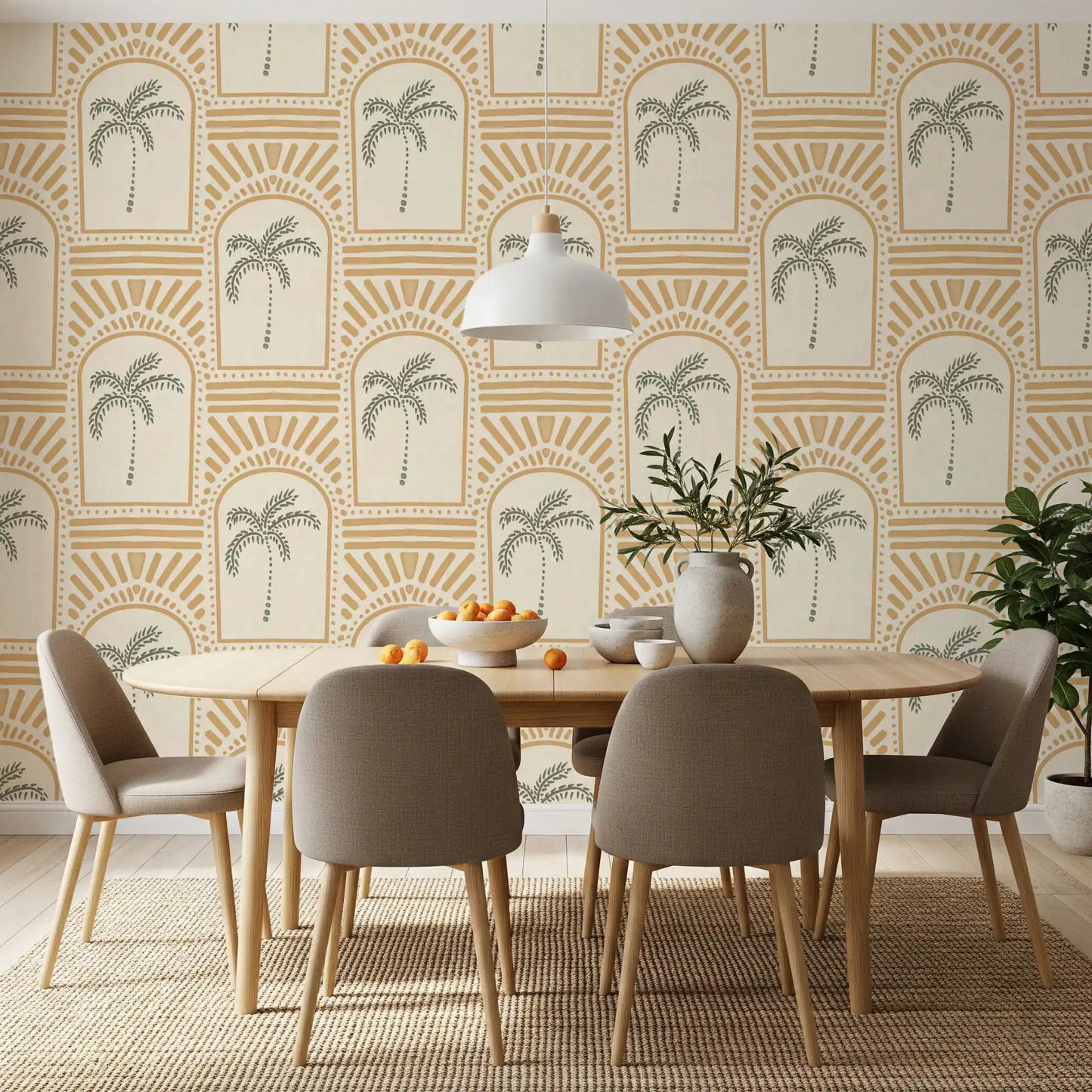 Bright dining room displaying a geometric archways wallpaper pattern.