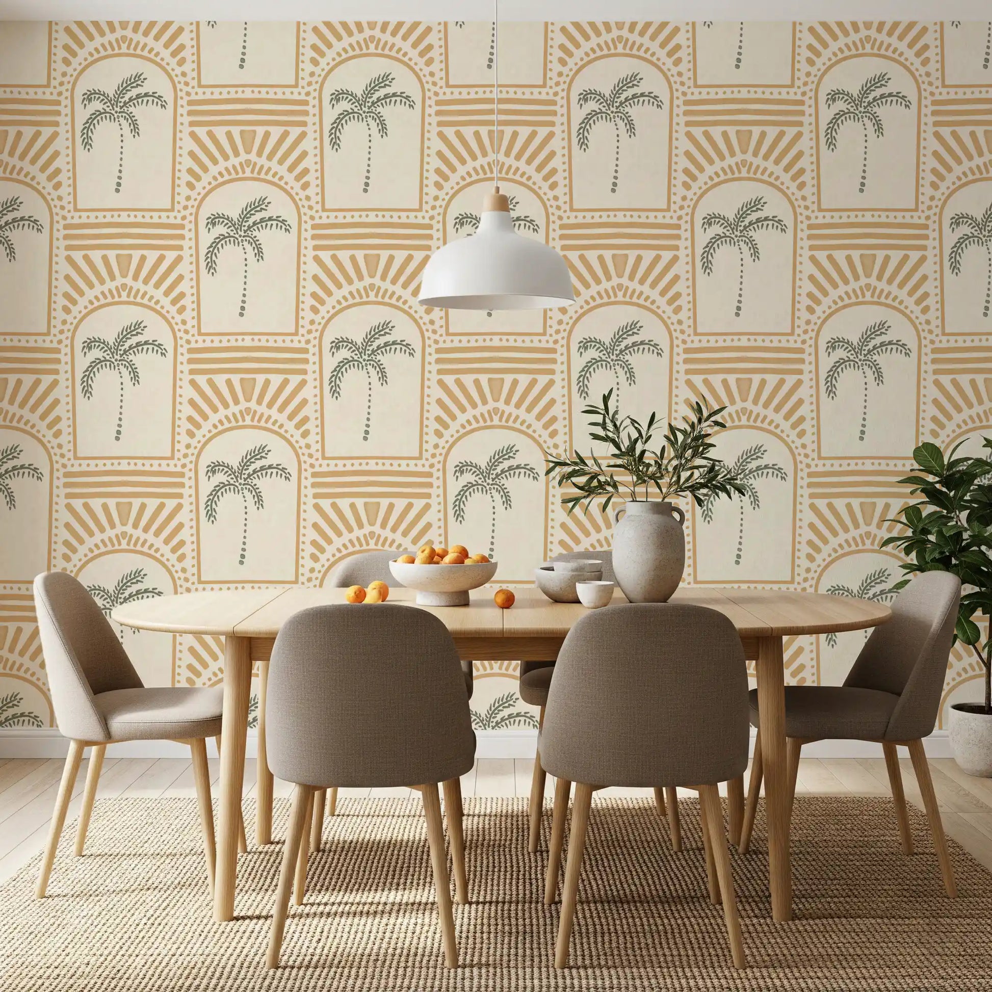 Bright dining room displaying a geometric archways wallpaper pattern.