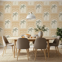 Bright dining room displaying a geometric archways wallpaper pattern.