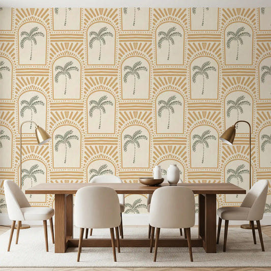 Dining room enhanced by the tropical palm art deco archways sand wallpaper.