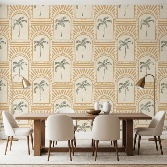 Dining room enhanced by the tropical palm art deco archways sand wallpaper.