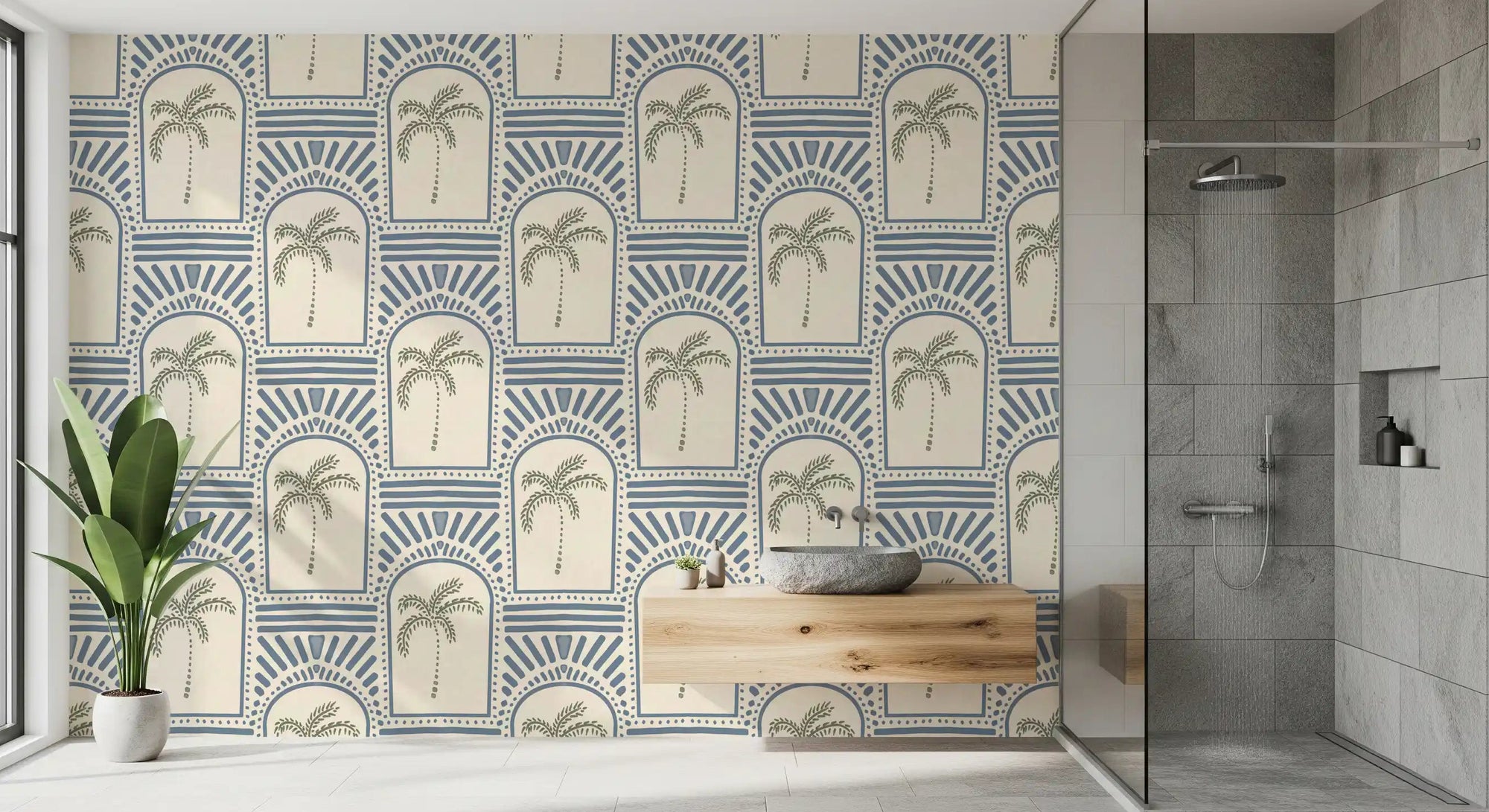 Bathroom interior highlighting the tropical palm art deco archways slate blue wallpaper.