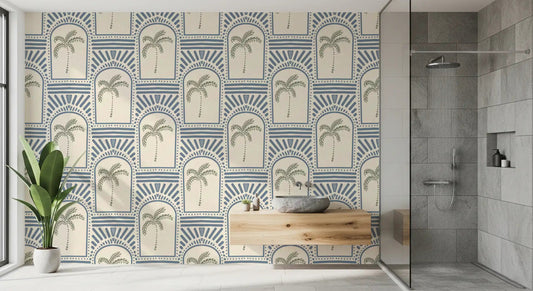 Bathroom interior highlighting the tropical palm art deco archways slate blue wallpaper.
