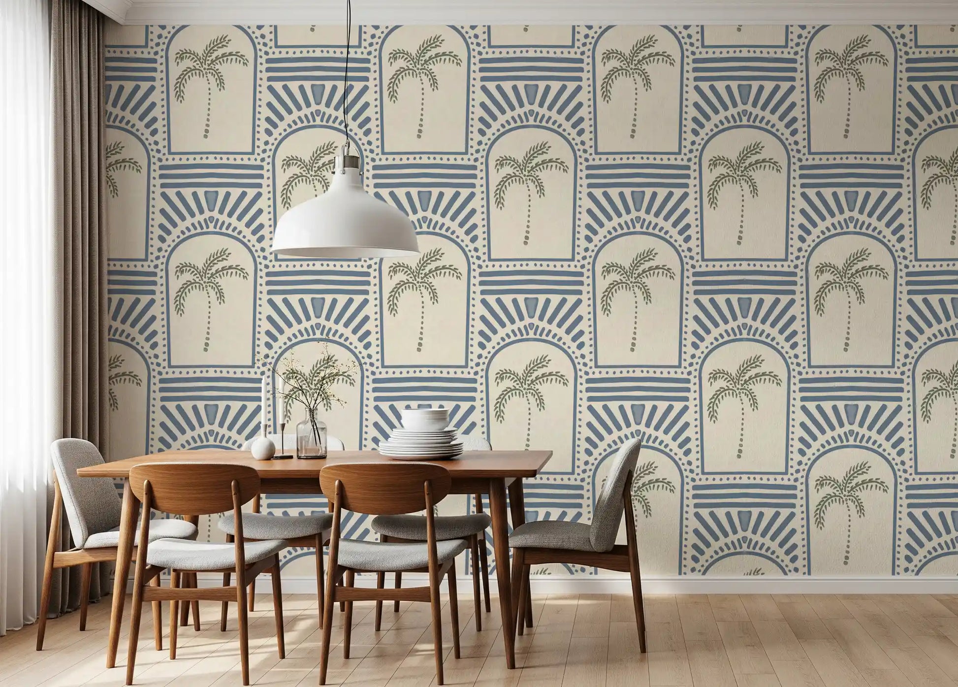 Macro view of the tropical palm art deco archways slate blue wallpaper.