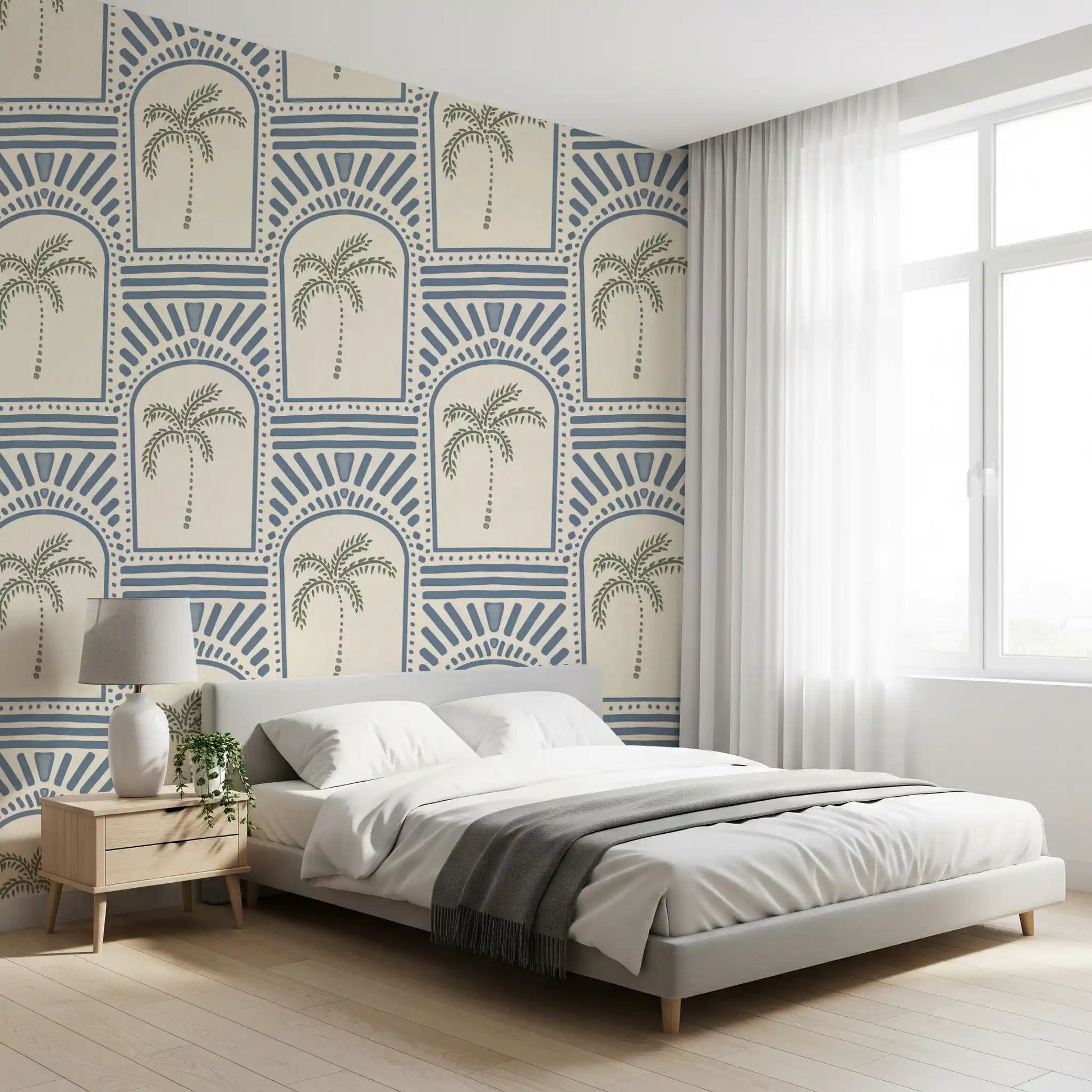 Cozy bedroom setting finished with a tropical palm archways wallpaper layout.