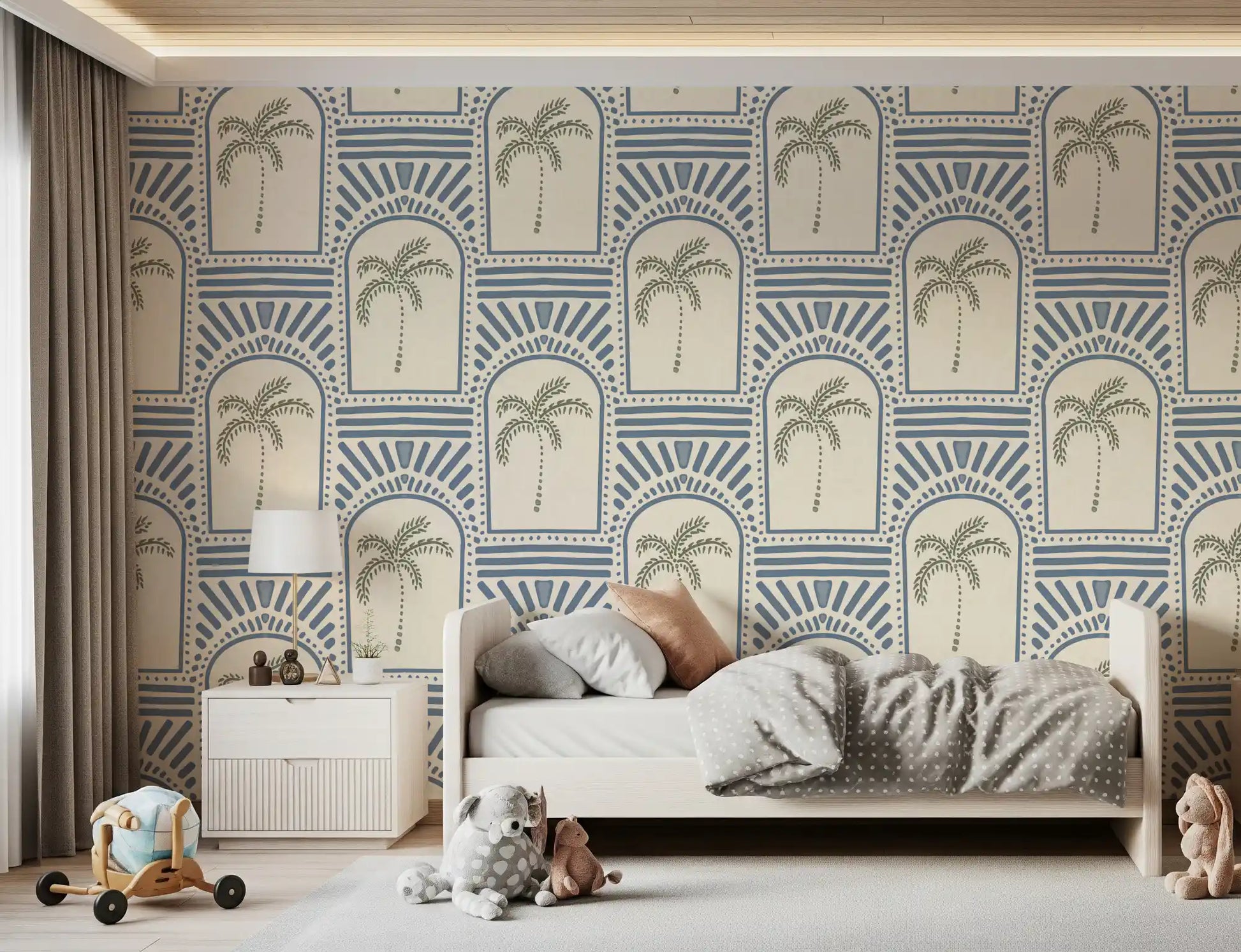 Archways pattern printed onto a cream slate blue wallpaper base.