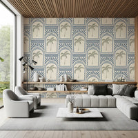 Tropical palm art deco archways slate blue wallpaper inside a modern living room.