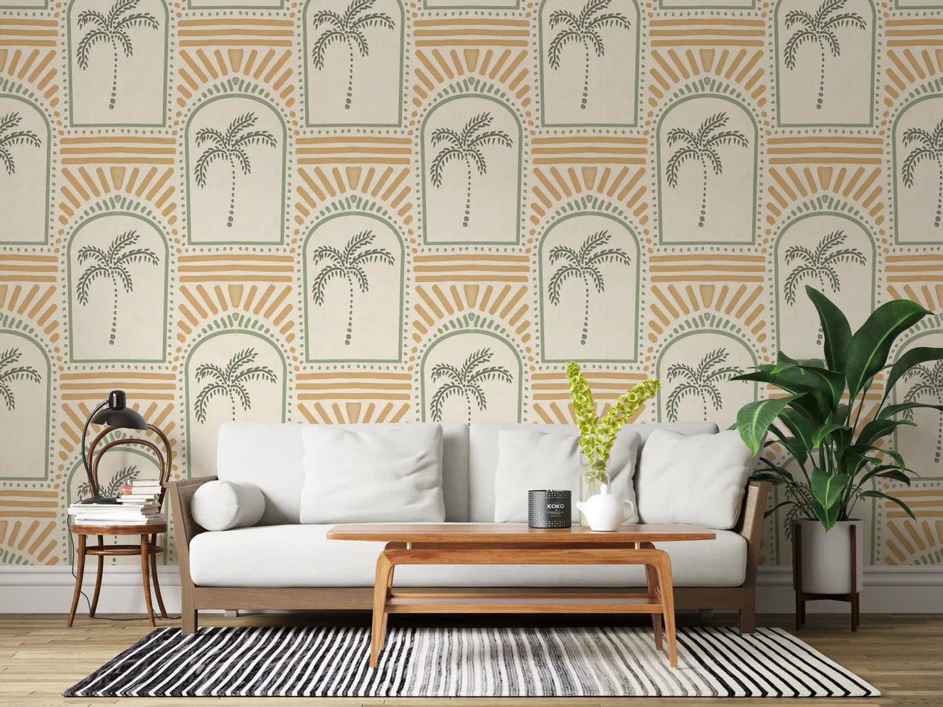 Living room enriched by the beautiful Tropical Palm Art Deco Archways Costal Green & Sand Wallpaper.