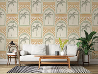 Living room enriched by the beautiful Tropical Palm Art Deco Archways Costal Green & Sand Wallpaper.