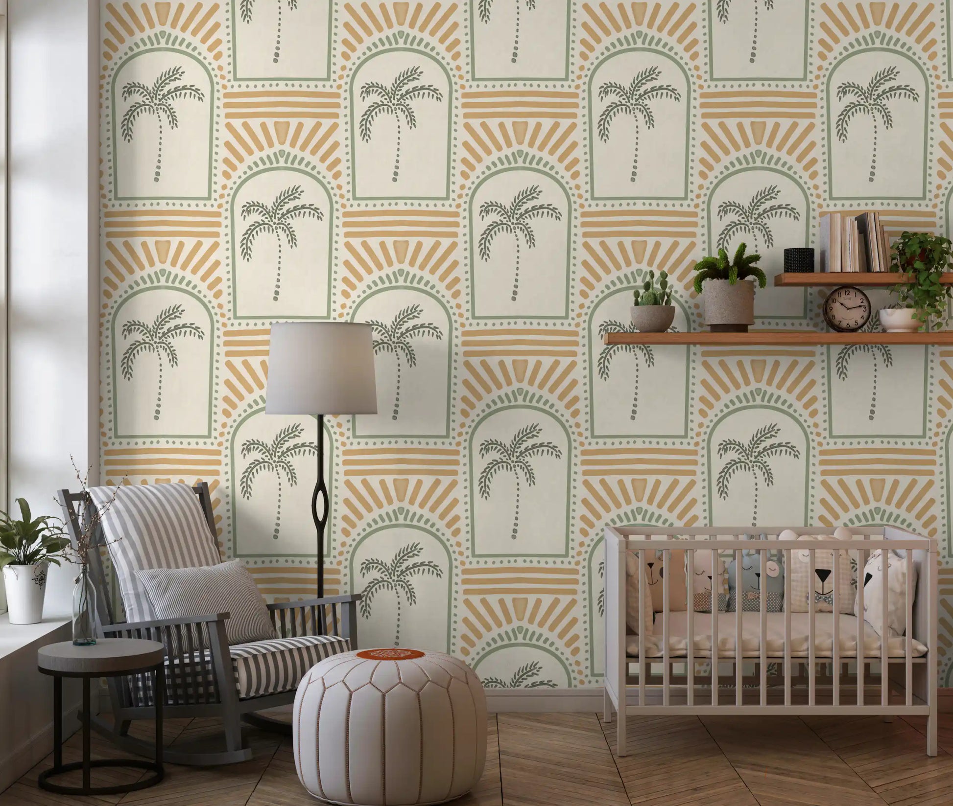 Cozy nursery setting highlighted through a geometric Tropical Palm wallpaper backdrop.
