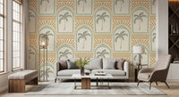 geometric structure the Tropical Palm Art Deco Archways Costal Green & Sand Wallpaper .
