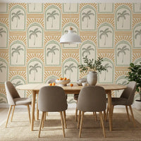 Modern dining room enhanced with the classic Tropical Palm Art Deco Archways Costal Green & Sand Wallpaper.