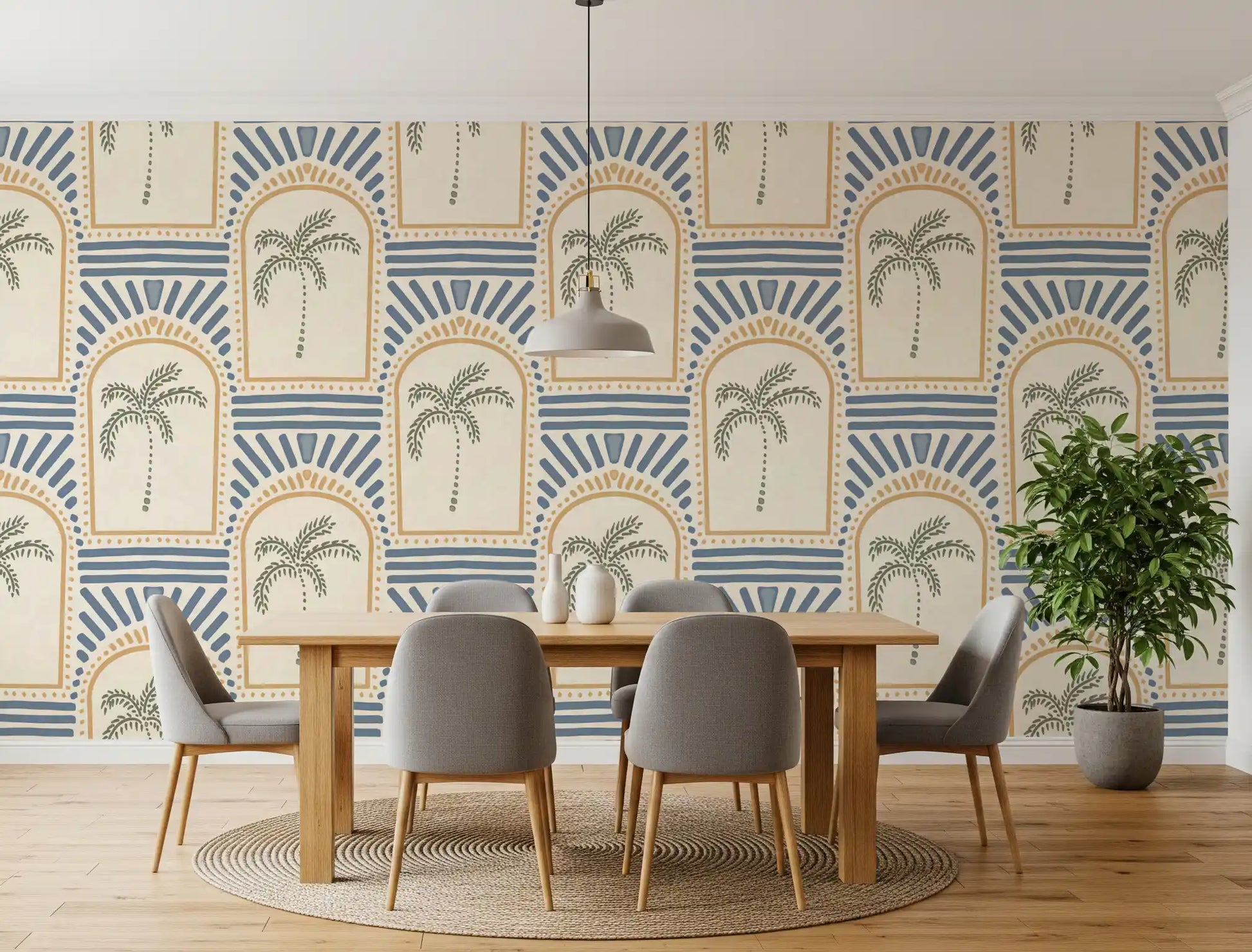 Observing the slate blue geometric lines on this Tropical Palm wallpaper sample.