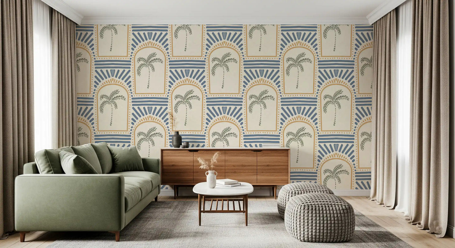 A Living room utilizing the blue block line architectural wallpaper style.
