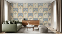 A Living room utilizing the blue block line architectural wallpaper style.