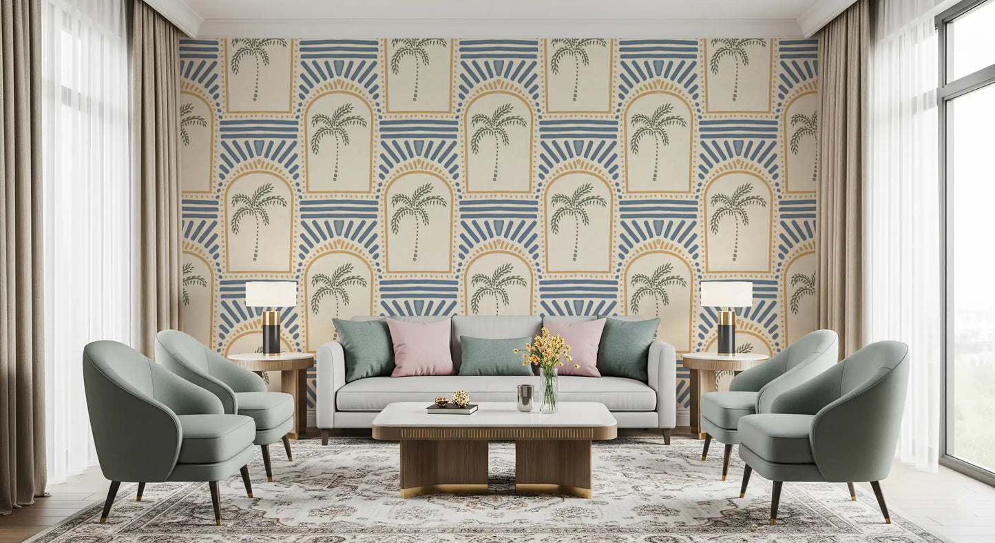 Large living room space accented with the repeating sandy arch pattern wallpaper.