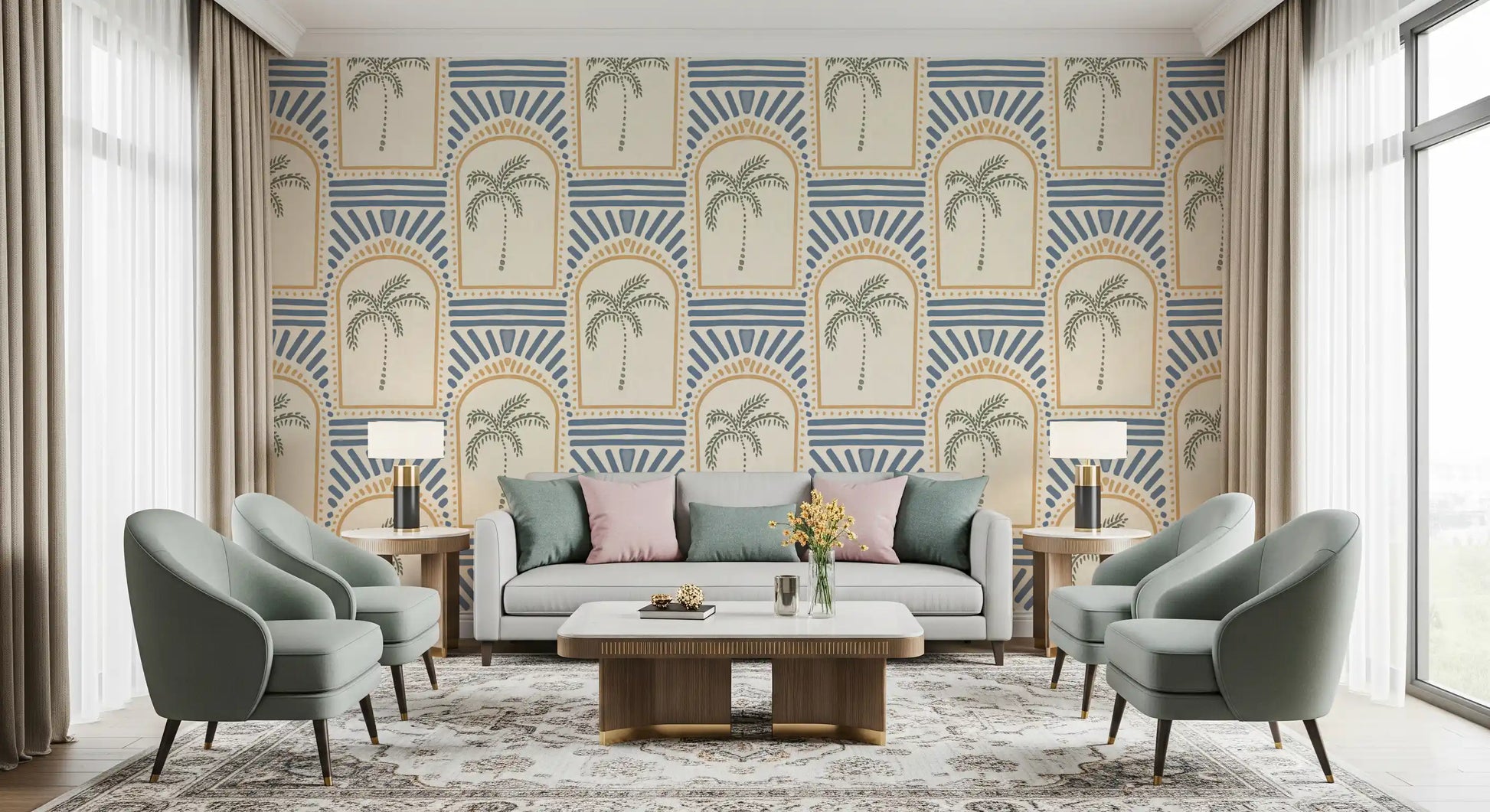 Large living room space accented with the repeating sandy arch pattern wallpaper.