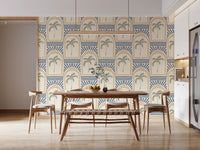 The Art Deco archways pattern reveals hand-painted sand and blue illustration lines.