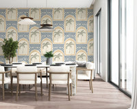 Light dining room interior styled with the geometric archway wallpaper pattern.